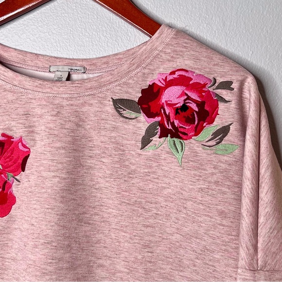 Halogen Oversized Heather Pink Sweatshirt Small Embroidered Roses Dolman Sleeves - Picture 4 of 14
